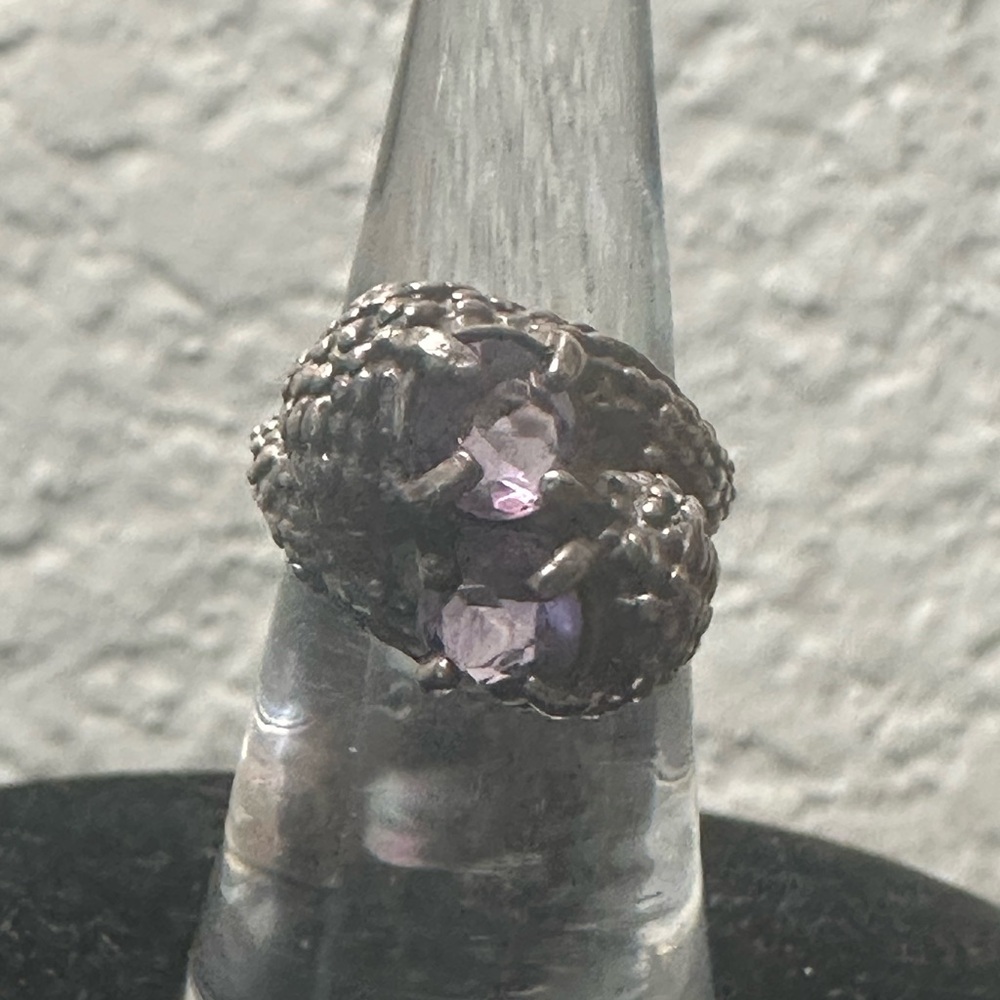 Silver and 2 stone amethyst serpentine Ring